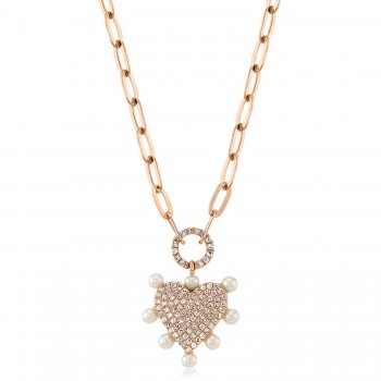 Diamond Cultured Pearl Paper Clip Heart Pendant Necklace 14K Rose Gold (0.22ct)