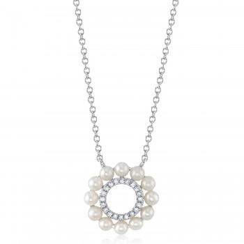 Diamond & Cultured Pearl Circle Pendant Necklace 14K White Gold (0.05ct)