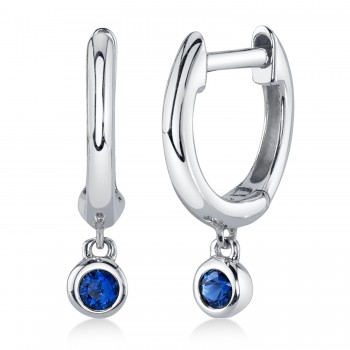 Round Blue Sapphire Bezel Huggie Earrings 14K White Gold (0.08ct)