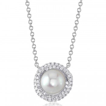 Diamond & Cultured Pearl Halo Pendant Necklace 14K White Gold (0.13ct)
