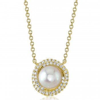 Diamond & Cultured Pearl Halo Pendant Necklace 14K Yellow Gold (0.13ct)