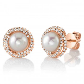Diamond & Cultured Pearl Stud Halo Earrings 14K Rose Gold (0.26ct)