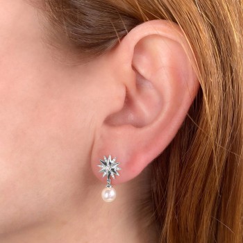 Diamond & Cultured Pearl Star Dangling Earrings 14K White Gold (0.11ct)