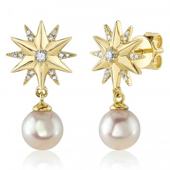 Diamond & Cultured Pearl Star Dangling Earrings 14K Yellow Gold (0.11ct)