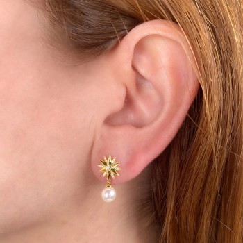 Diamond & Cultured Pearl Star Dangling Earrings 14K Yellow Gold (0.11ct)