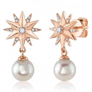 Diamond & Cultured Pearl Star Dangling Earrings 14K Rose Gold (0.11ct)