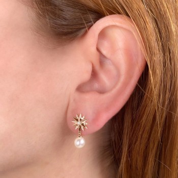 Diamond & Cultured Pearl Star Dangling Earrings 14K Rose Gold (0.11ct)