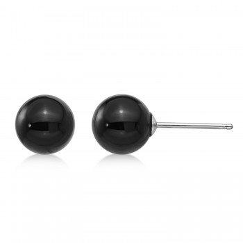 Black Onyx Bead Stud Earrings 14K White Gold