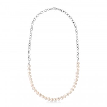 White Cultured Pearl String Rolo Link Necklace 14k White Gold